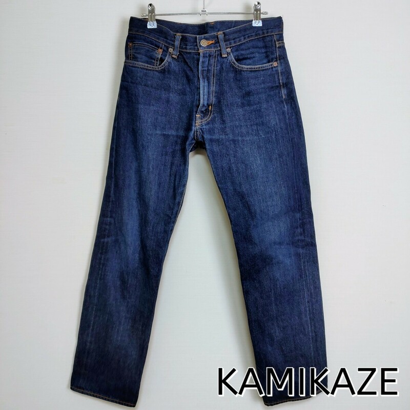 【岡山製】KAMIKAZE DRUNKERS カミカゼアタック☆ストレートジーンズ　インディゴ　L相当　ボタンロゴ　革ラベル デニムパンツ Gパン