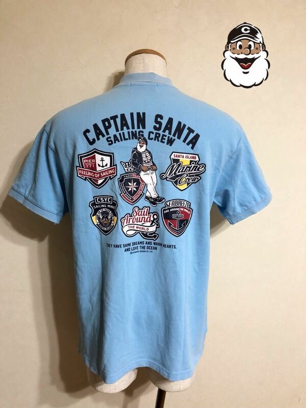 CAPTAIN SANTA キャプテンサンタ 鹿の子 ポロシャツ トップス サイズL 半袖 水色 ジョイマークデザイン