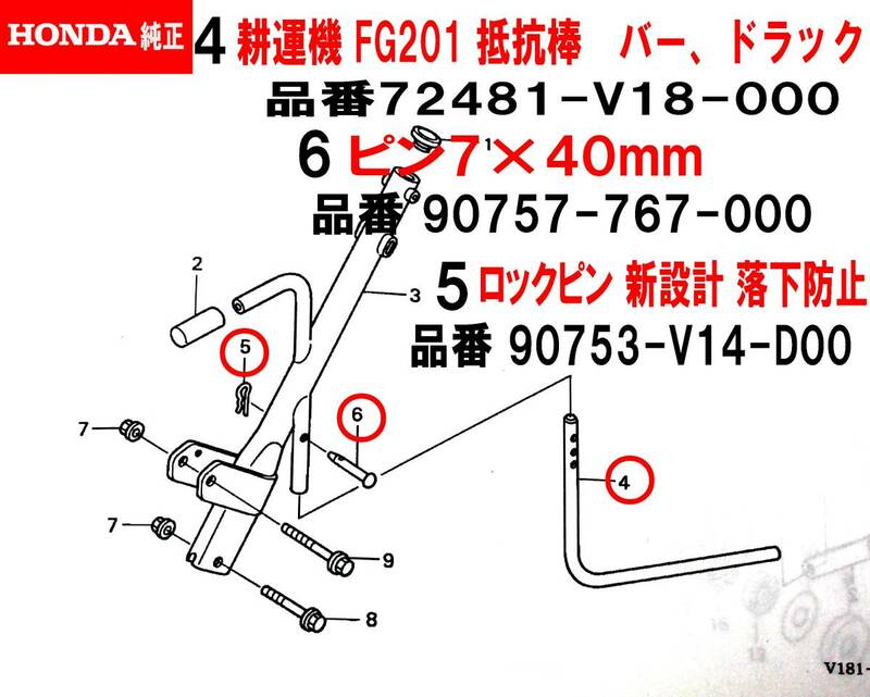 HONDA ホンダ 耕うん機 FG201 プチな用 抵抗棒 ドラツグバー型番72481-V18-000 ピン(7×40)Rピン新型付