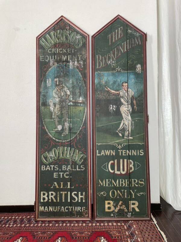 英国 ビンテージ 木製看板 扉 クリケット テニス ドア パブ バー ショップ看板 サイン 古着屋 ディスプレイ イギリス シャビー