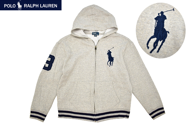 Y-7186★美品★Polo by Ralph Lauren ポロ ラルフローレン★ 正規品 秋冬 裏起毛 ビッグポニー グレー フルジップ パーカー M 10-12 150cm