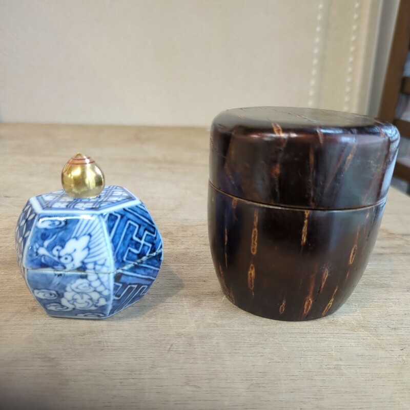 桜　棗　木製　龍　香合　セット　茶道具　茶道　香道具 香炉 陶器