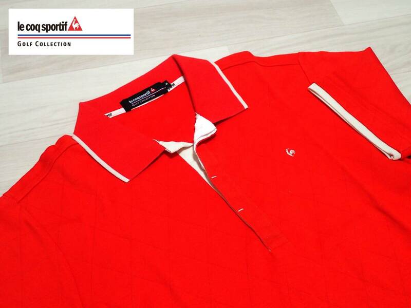 ☆le coq sportif GOLF　☆ルコック　☆デサント　☆ゴルフウエア　☆透かし模様　☆半袖ポロシャツ　☆レッド×生成り　☆メンズ　☆Ｍ