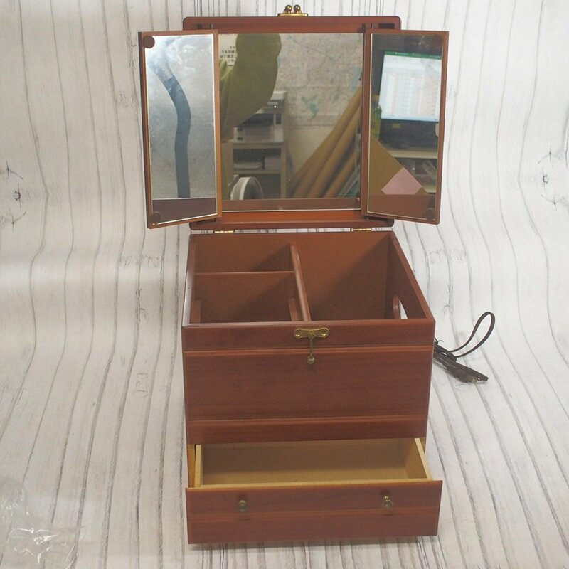 f002 KAIDAN ビンテージ 木製 ウッド 三面鏡付 メイクボックス コスメボックス コスメ収納 昭和レトロ 電源コード付