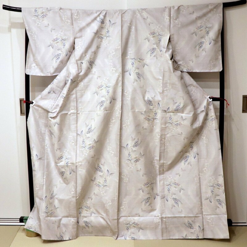 大島紬・Kimonossimo・単衣・着物・白・蝶・草花・No.180609-35・梱包サイズ60
