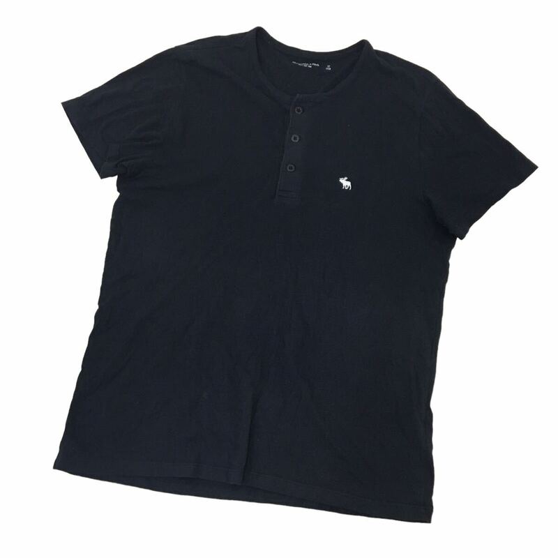 D524-② Abercrombie & Fitch アバクロンビー＆フィッチ 半袖 Tシャツ トップス ハーフボタン プルオーバー ブラック系 メンズ M
