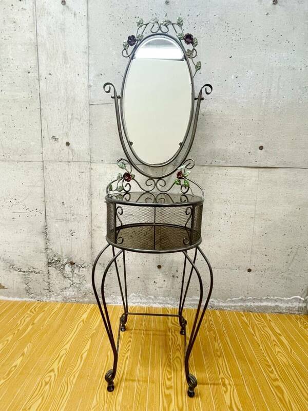 アイアンドレッサー ガラス板 鏡 姿見 ミラー アイアン ドレッサー アンティーク風 レトロ 鏡台 化粧台 家具 