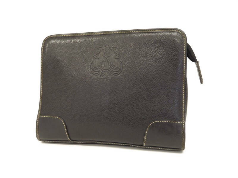 16216 美品 DIDIER LAMARTHE ロゴ 紋章 型押し レザー ステッチ ジップ クラッチバッグ セカンドバッグ ビジネスバッグ 鞄 黒 メンズ 仏製