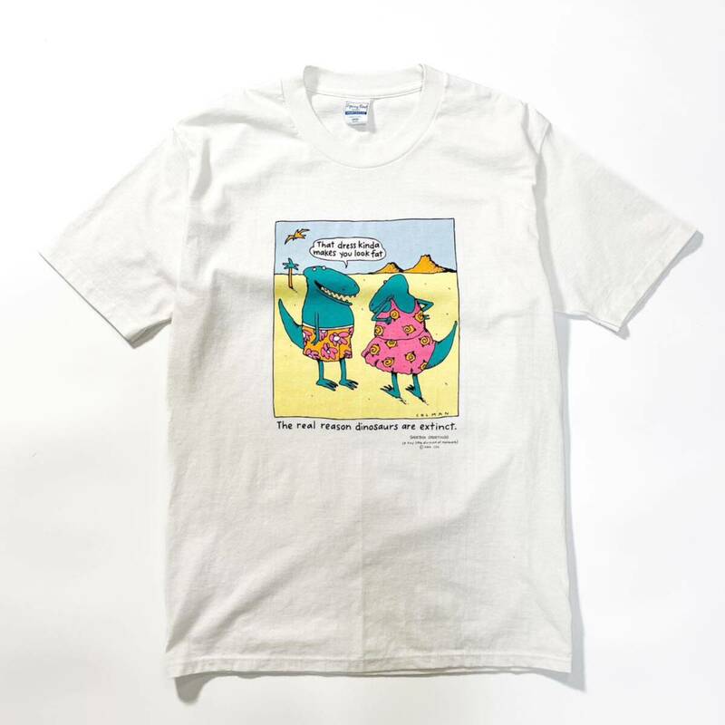 80s Shoebox greeting 90s プリントt Tシャツ 恐竜 ビンテージ アメリカ製 usa old L パロディ アート ホワイト 絵本 絵画 アメコミ 70s