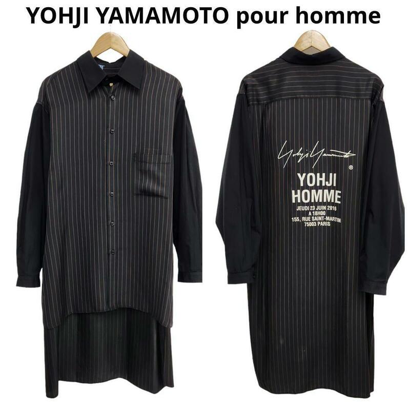 希少L★ヨウジヤマモト Yohji Yamamoto pour homme スタッフシャツ ブラック×ダークブラウン ストライプ アシンメトリー
