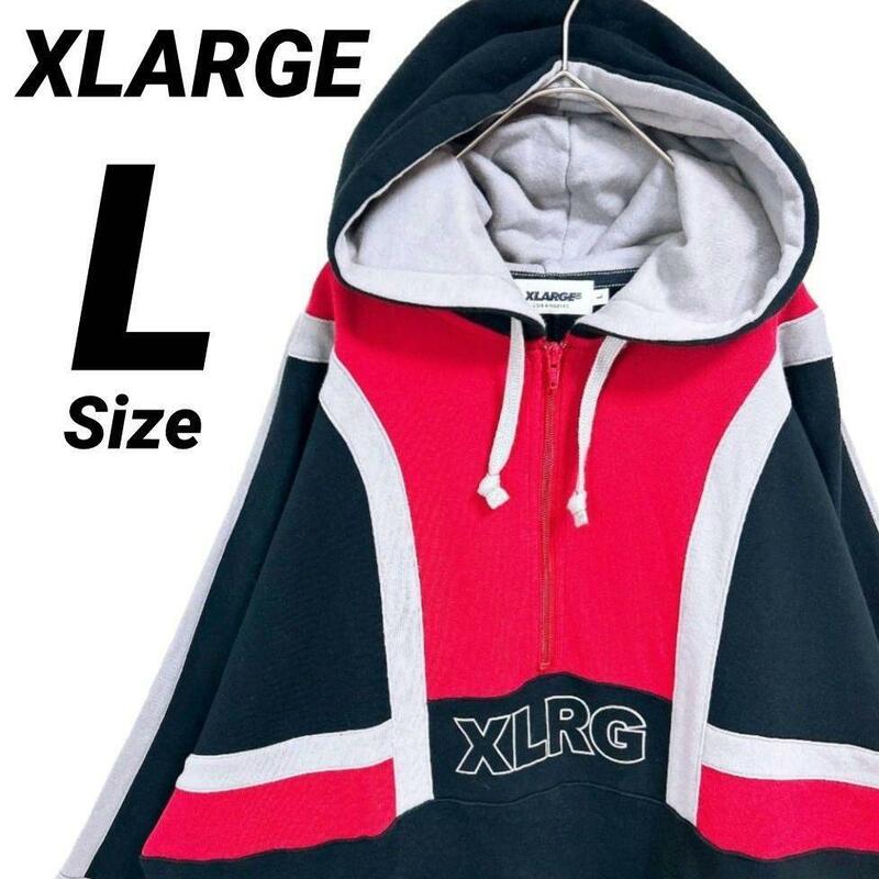 美品★L★X-LARGE エクストララージ ハーフジップ アノラックパーカー 黒赤バイカラー ゆるダボ ゆるだぼ 大きいサイズ オーバーサイズ