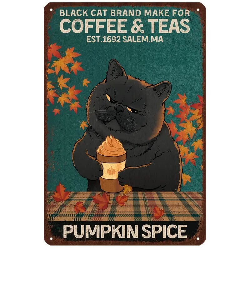 【ブリキ看板】インテリアプレート《黒猫×coffee》 レトロ　ビンテージ風 　 猫カフェ ペット インテリア用 