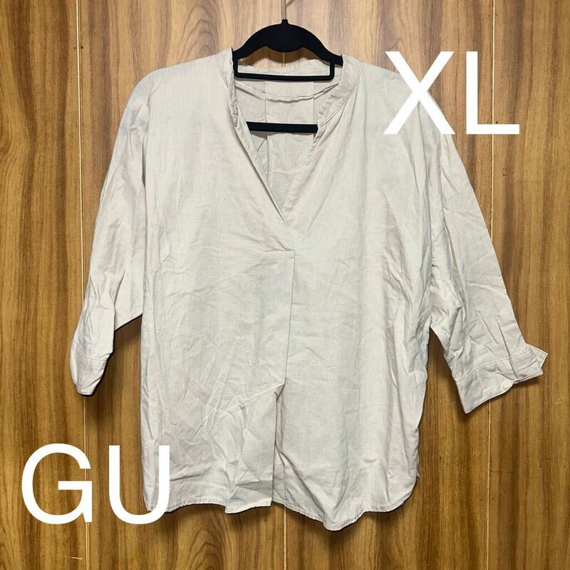 GU プルオーバー ベージュ 麻 XL ゆったり 大きいサイズ シャツ 七分袖 カットソー トップス 春 美品