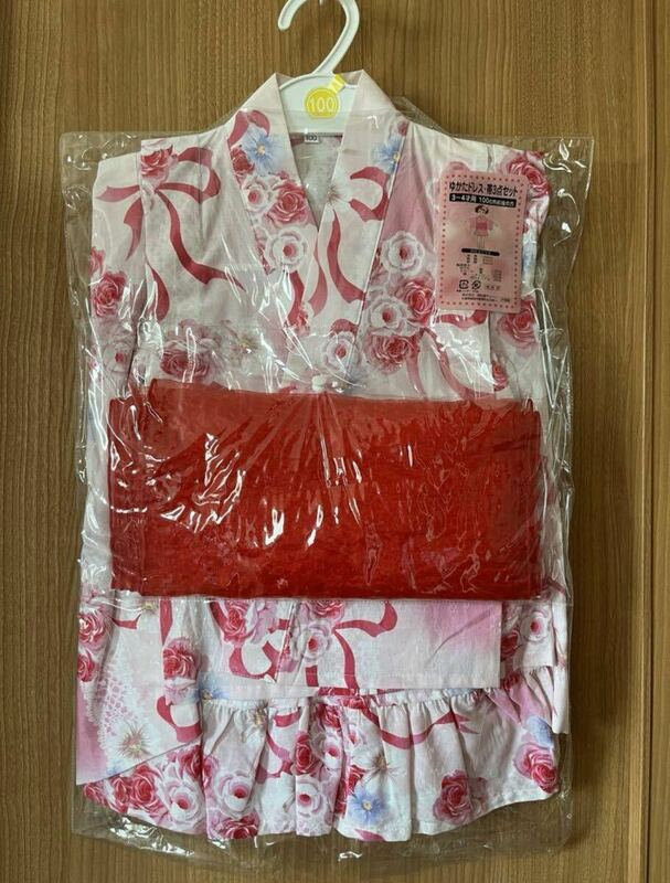新品◆浴衣ドレス 100 帯赤 3歳 4歳 ピンク リボン 花柄