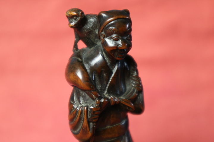 提げ物　根付　猿回し　検江戸木彫細密彫刻さる申サル珍品希少骨董オブジェ時代