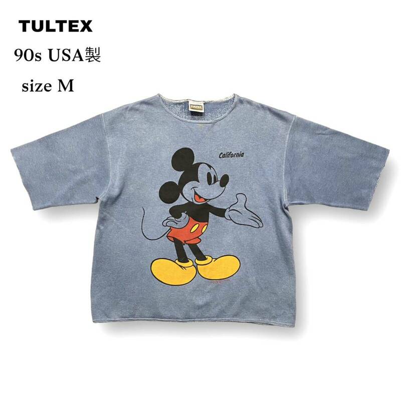 90s USA製 TULTEX ディズニー ミッキーマウス プリント スウェット 半袖 Tシャツ くすみ ブルー 青 前後 Disney Mickey ヴィンテージ M