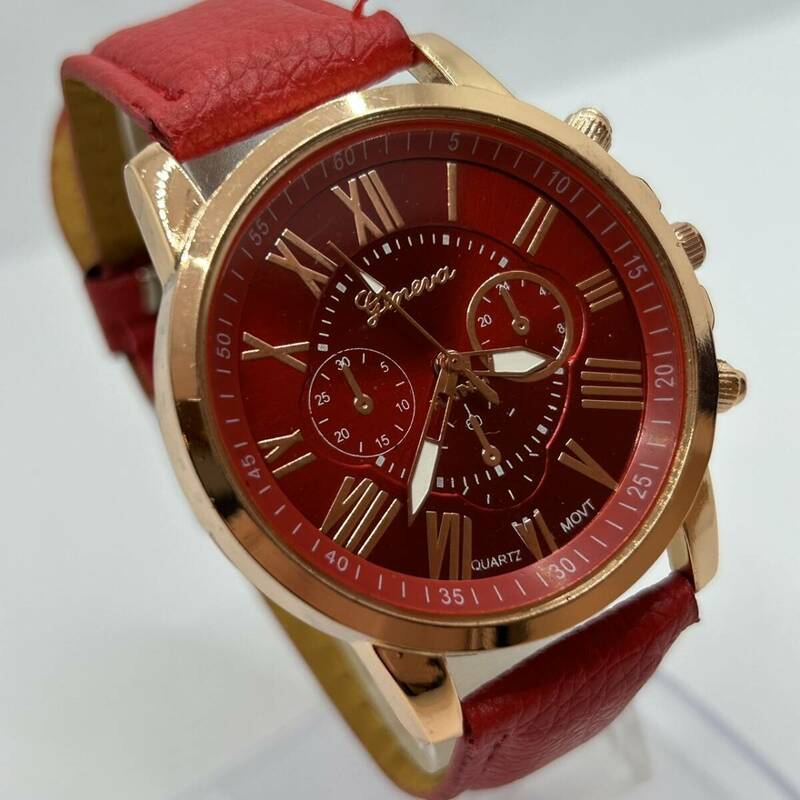 A) 腕時計 ウォッチ 赤文字盤 クオーツ クオーツ式時計 QZ レッド ゴールド 赤ベルト メンズ レディース 動作未確認 E0306