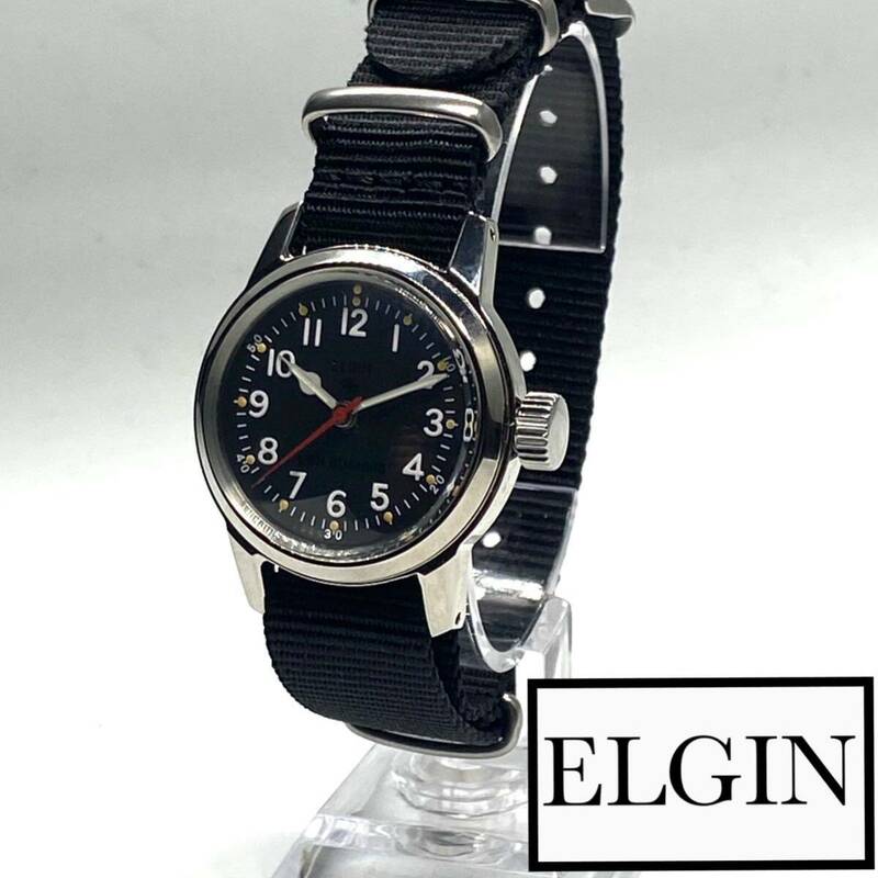 ★OH済 Elgin エルジン WWⅡミリタリー 1940s ビンテージ アンティーク ウォッチ 手巻き ブラック メンズ 腕時計 ナイロン ブラック