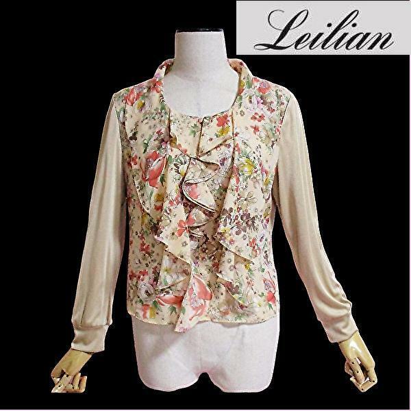 【レリアン/Leilian】フラワープリントブラウス　異素材　ボウタイ　伸縮性　花柄 　9 カットソー　ストレッチ　ベージュ系　送料無料