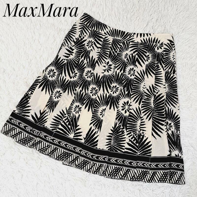 MaxMara STUDIO マックスマーラ ストゥーディオ 美品 シルク100% フレア プリーツスカート 総柄 40 バイカラー ストライプ サイドジップ