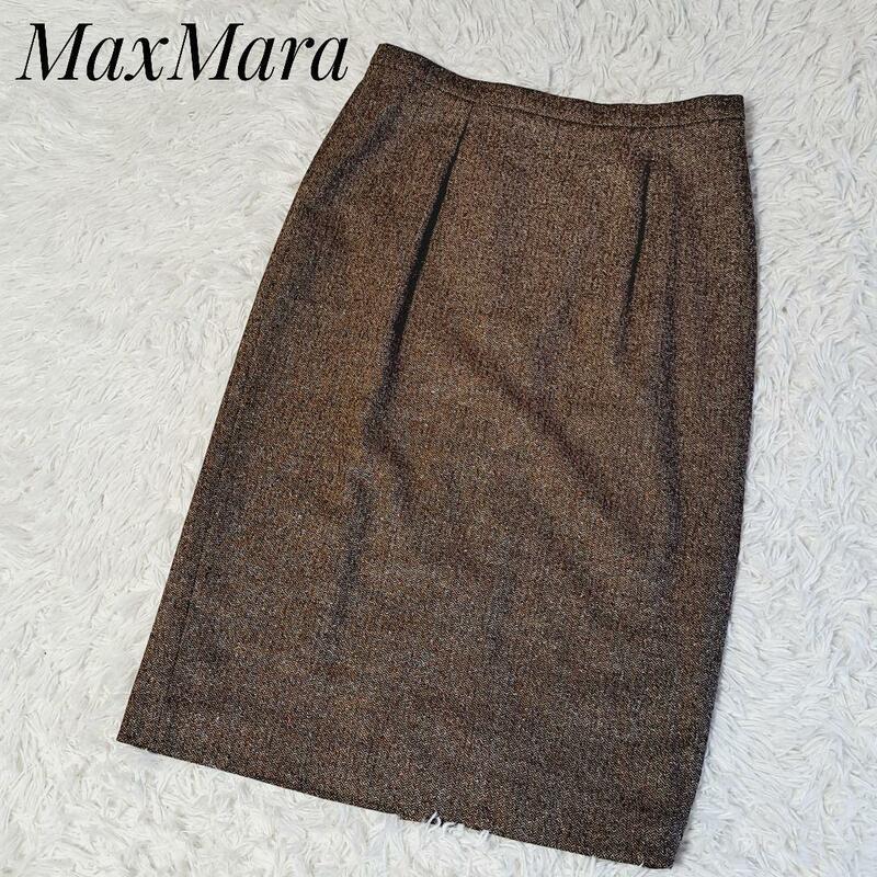 MaxMara STUDIO マックスマーラ ストゥーディオ 美品 シルク混 ストレッチ ウールスカート 茶 大きいサイズ 42 異素材 膝丈 伸縮性 無地