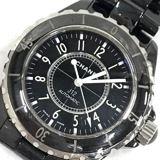 シャネル 自動巻き 腕時計 H0685 J12 ラウンド デイト 黒文字盤 メンズ 純正ベルト 稼働 保存ケース付き CHANEL