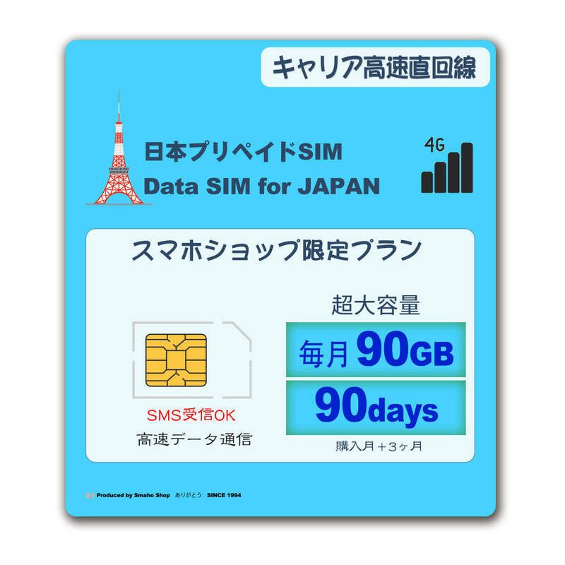 ★SMS受信OK 超大容量高速【 毎月90GB （初月無料+3ヶ月）（合計 360GB）】日本国内データ通信SIMカードJAPAN prepaid DATA SIM★送料無料