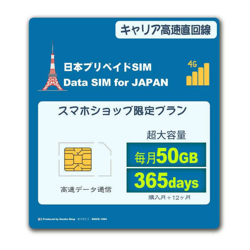 大容量高速【 毎月50GB （初月無料+12ヶ月）（合計 650GB）】日本国内 データ通信 SIMカード JAPAN prepaid DATA SIM★送料無料