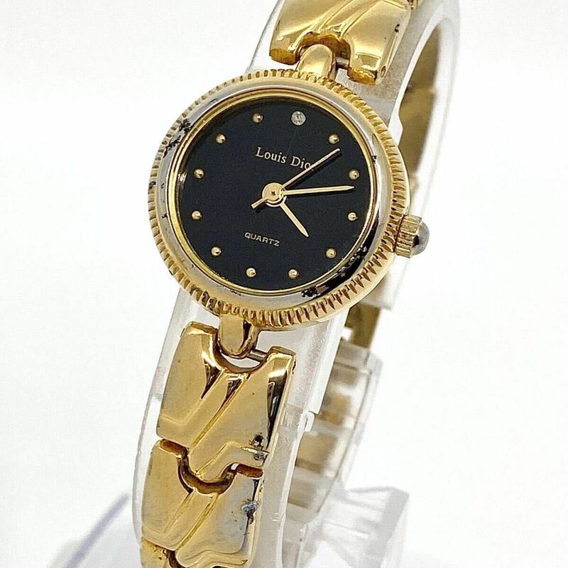 Louis Dior 腕時計 ラウンド ドットインデックス 3針 クォーツ quartz ブラックフェイス ゴールド 黒 金 Y631