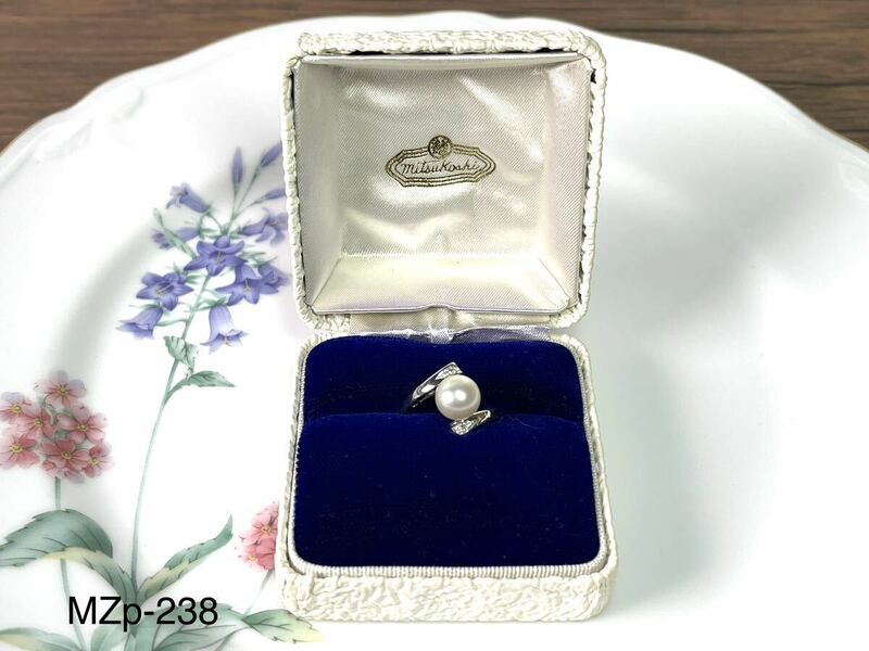 庄MZp-238 MITSUKOSHI 三越　本真珠　アコヤ　パール　リング　指輪　Pt900 プラチナ 5.62g　ダイヤモンドD 0.05ct