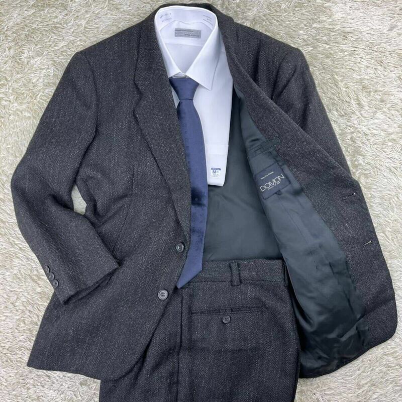ドモン セットアップ スーツ上下 ツイード ヘリンボーン テーラードジャケット ウール チャコールグレー メンズ 日本製 シングル DOMON