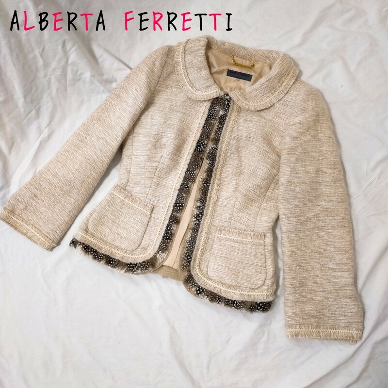 ALBERTA FERRETTI ジャケット アウター レディース ツイード ベージュ ホワイト