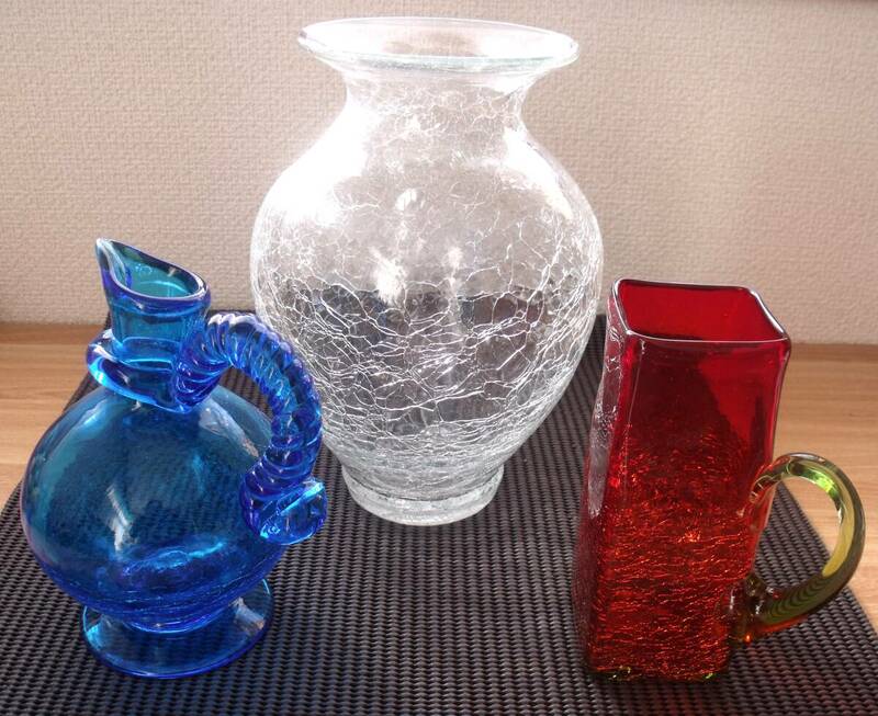 クラックガラス（ヒビ模様）まとめて3点（花瓶/水差し/ジョッキ）　ガラス工芸　　昭和レトロ　ヴィンテージ品