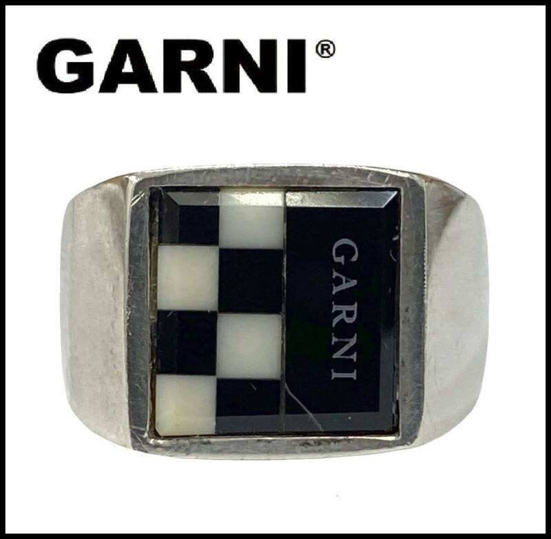 GARNI ガルニ シルバー 925 オニキス カラーストーン クロッケリー ロゴ チェック プレート 印台 シグネット リング 指輪 白 黒 17号