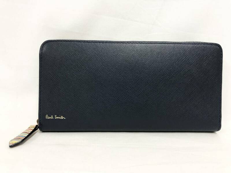 ○★訳有り 新品未使用箱付　Paul Smith (ポールスミス)　ジップストローグレイン2　ラウンドジップ長財布　ネイビー★○