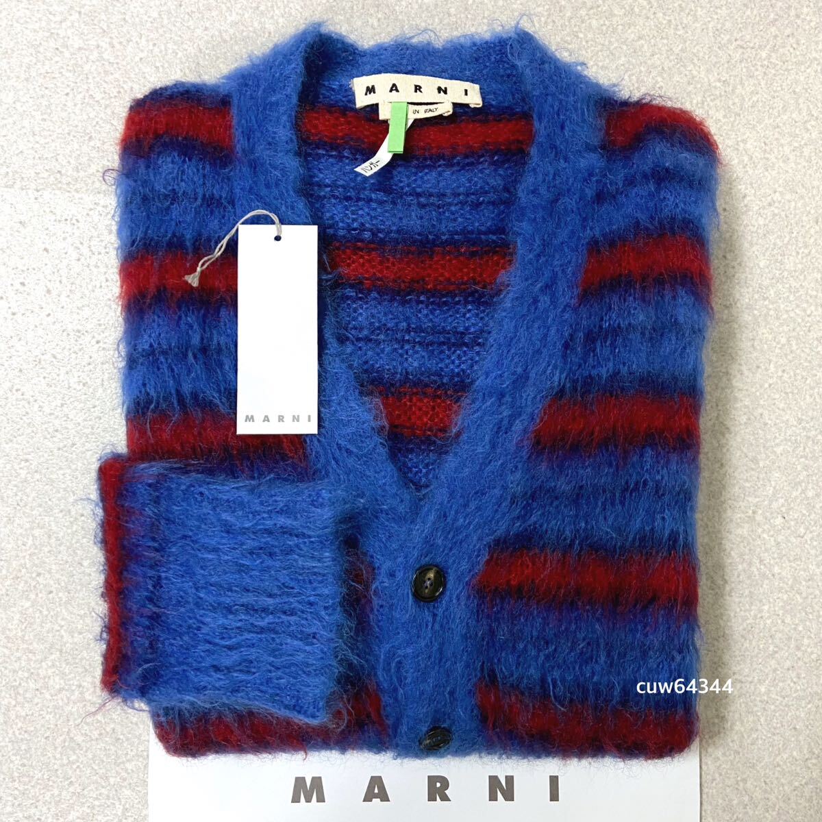 国内正規品 48（L〜XL対応） 2019AWコレクション 美品 MARNI マルニ モヘア ニットカーディガン ボーダー ネイビー×レッド系 ブランドタグ