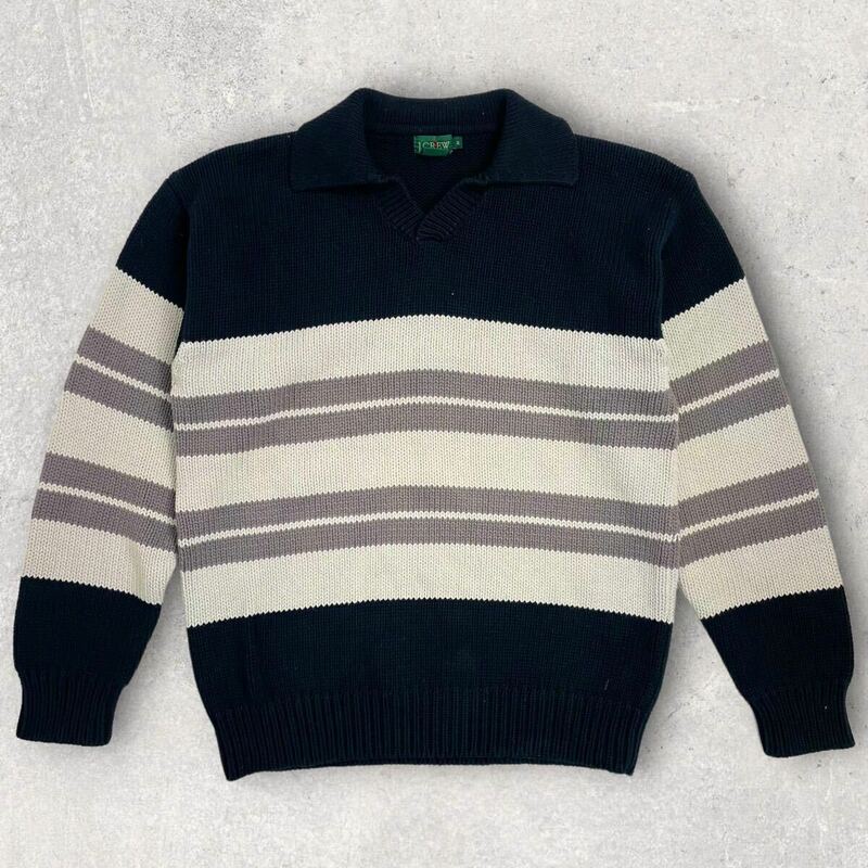 【Mサイズ】 90s J.CREW 巨人タグ 旧タグ ヴィンテージ ブラック コットンニット セーター ボーダー 長袖 ニット Vネック 希少 レア 80s