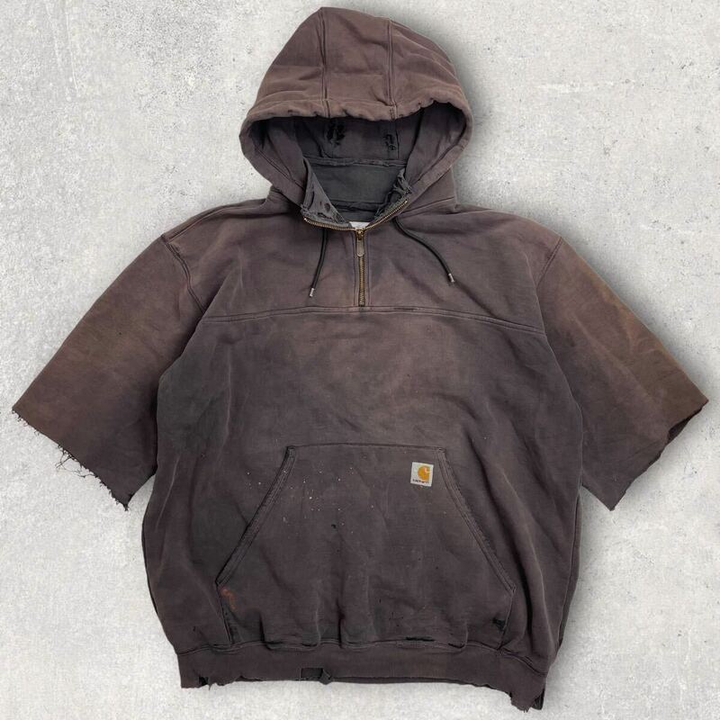 【襤褸】 90s 00s Carhartt カーハート ハーフジップ ヴィンテージ カスタム カットオフ スウェットパーカー プルオーバーパーカー 古着 XL