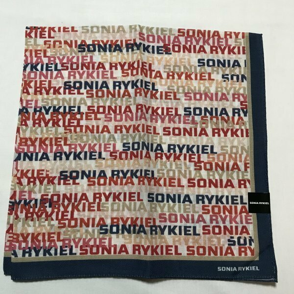 ♪新品♪SONIA RYKIEL・ソニアリキエル／シルク入り大判ハンカチ・プチスカーフ（紺ネイビー系・ロゴ柄