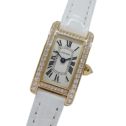 カルティエ Cartier 時計 レディース ブランド タンクアメリカン ミニ ダイヤモンド クオーツ QZ 750PG レザー WB710014 磨き済み