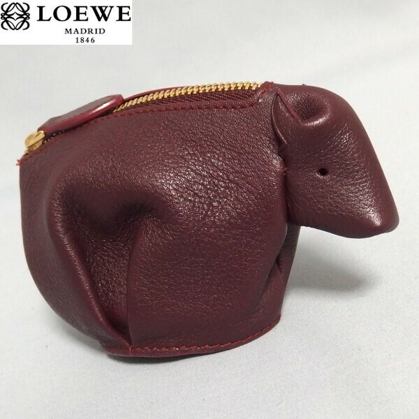 美品★LOEWE アニマル コインケース レザー 牛 ボルドー COW ウシ ロエベ★