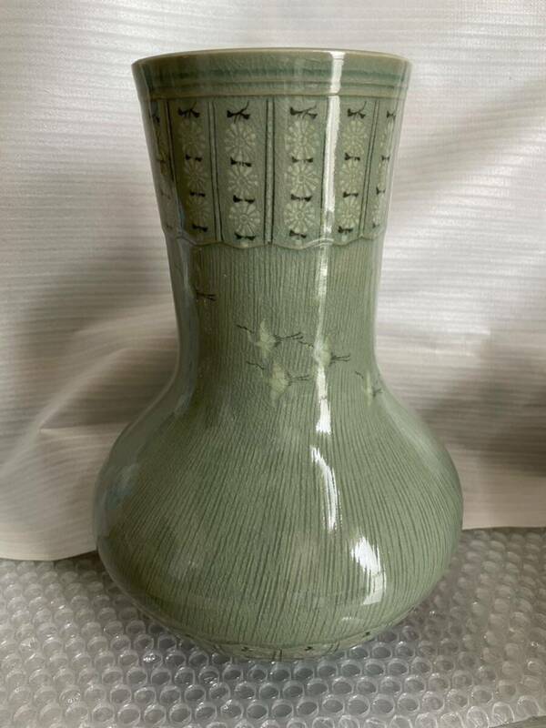 LN311b 漢青 金福漢 作 壺 花瓶 青磁器 花器 フラワーベース 昭和レトロアンティーク(昭和50年代) 中古現状渡し品