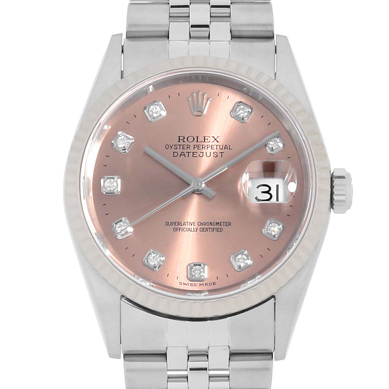 ロレックス デイトジャスト 10Pダイヤ 16234G ピンク 5列 ジュビリーブレス P番 中古 メンズ 腕時計