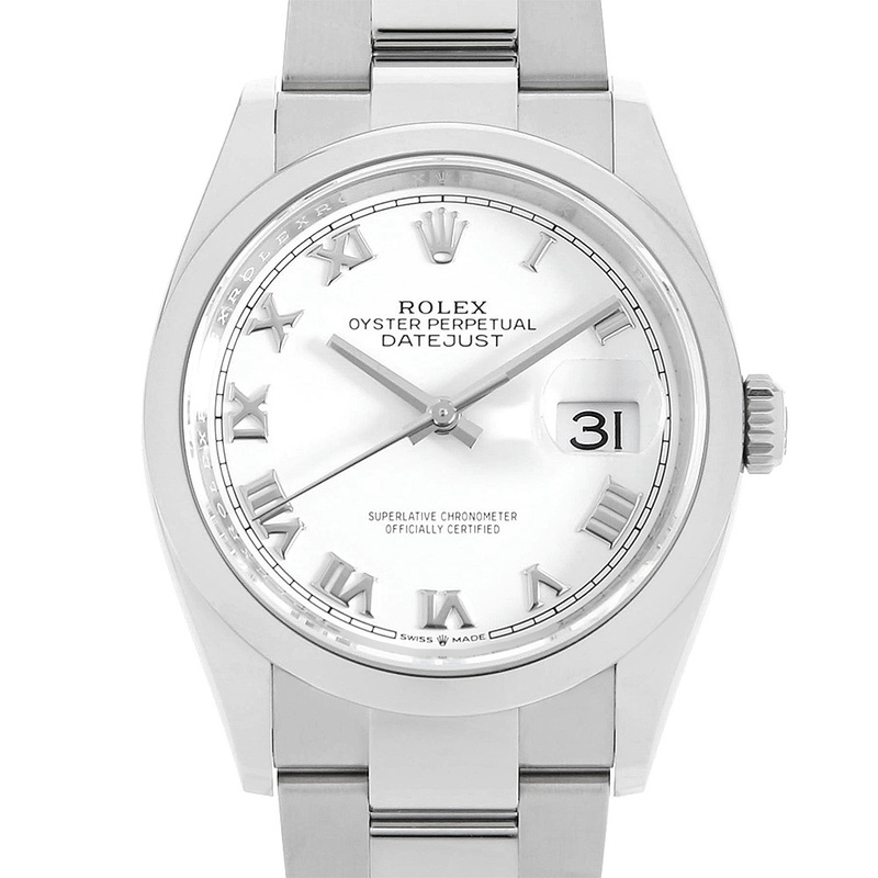 ロレックス デイトジャスト36 126200 ホワイト ローマ 3列 オイスターブレス ランダム番 中古 メンズ 腕時計