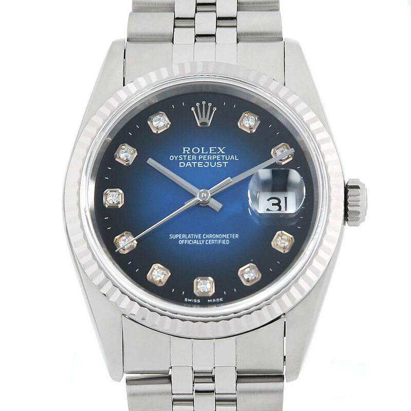 ロレックス デイトジャスト 10Pダイヤ 16234G ブルー グラデーション W番 中古 メンズ 腕時計