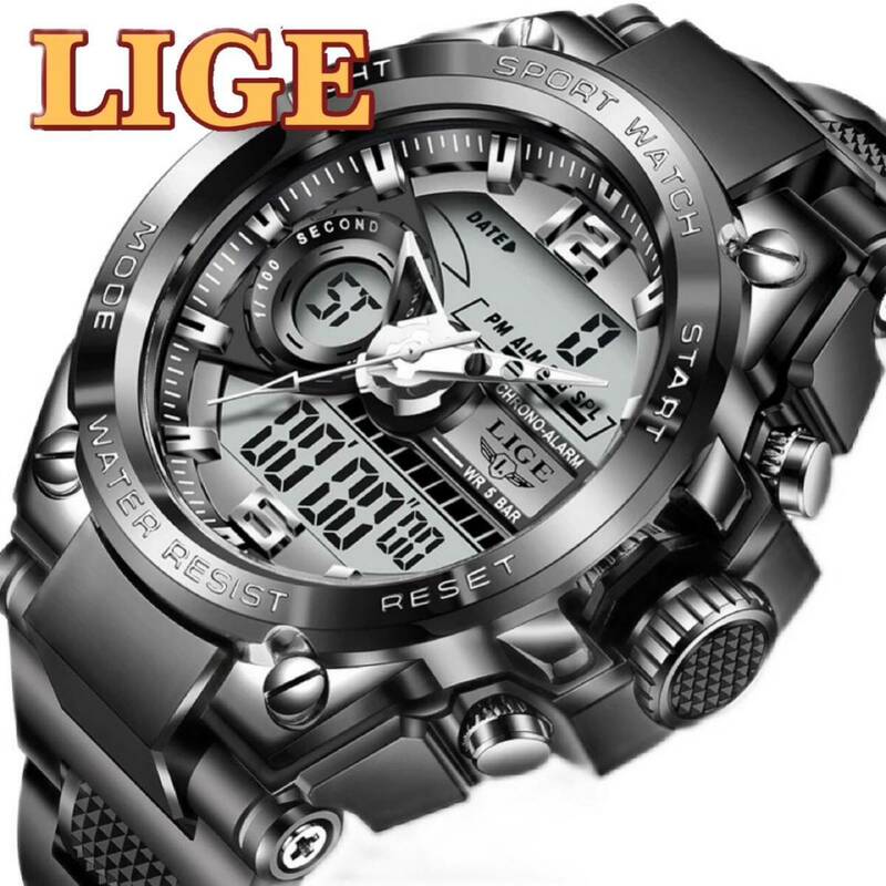 新品 LIGE スポーツデュアルウォッチ 50m防水腕時計 メンズ腕時計 ブラック ストップウォッチ