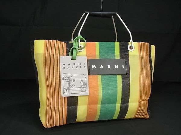 ■極美品■ MARNI マルニ フラワーカフェ マーケット ナイロン ストライプ ハンドバッグ トートバッグ マルチカラー FA1089