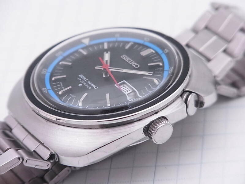 ●セイコー SEIKO ベルマチック 17JEWELS 4006-6021 ブルーインナーベゼル 黒文字盤 四角型ケース 自動巻 ビンテージ アラーム時計