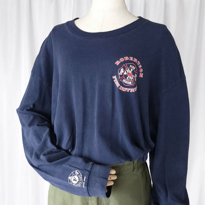 FItpp/XLサイズ/USA製 UNITE! windjammer 長袖Tシャツ 消防 レスキュー 紺(ネイビー)系 USED 古着 FIRE RESCUE ロンT