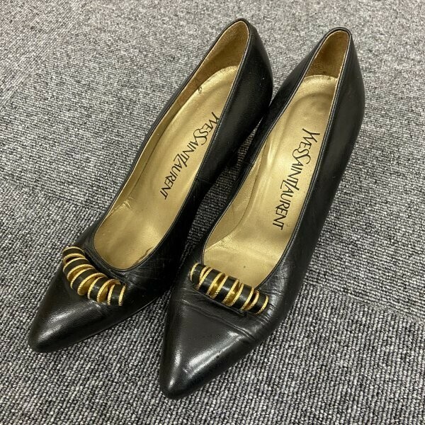 G0517 イヴサンローラン YVES SAINT LAURENT ポインテッドトゥ パンプス ピンヒール ハイヒール レザー 35 22.0cm相当 黒 ブラック